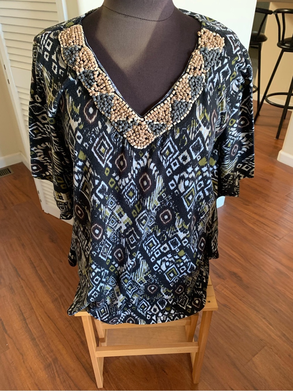 No Boundaries Beaded V-Neck Tunic - Black, Olive & Tan size 2X